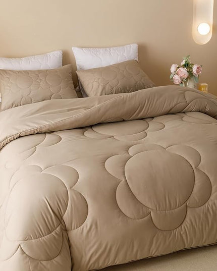 Luxlovery Khaki Comforter Set King Cream Coffee Sunflower Bedding Comforter Dark Champagne Bedding Comforter Set Boho Farmhouse Mocha Quilted Soft Breathable Bedding Set King Size