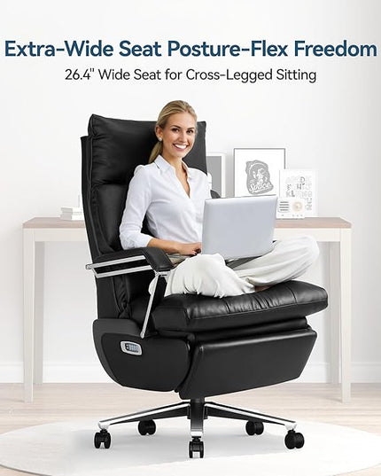 M80A Dual Motor Electric Executive Office Chair with Footrest, Comfortable Reclining Office Chair Wide Seat, Big and Tall Ergonomic Leather Home Office Desk Chair (Black,Multi-Functionality)