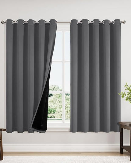 ChrisDowa 100% Blackout Curtains 63 inch Long for Bedroom with Black Liner, Extra Wide 2 Thick Layers Total Blackout Thermal Insulated Grommet Window Curtains 2 Panels Set (Grey, 60 x 63 Inch)