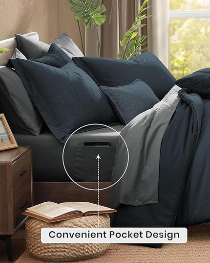 Monbix California King Comforter Set - 7 Pieces Cationic Dyeing Navy Blue Bed in a Bag Cal King Bedding Sets with Comforter, Sheets, Pillowcases & Shams, Reversible Bedding Comforters Sets(108 * 92)