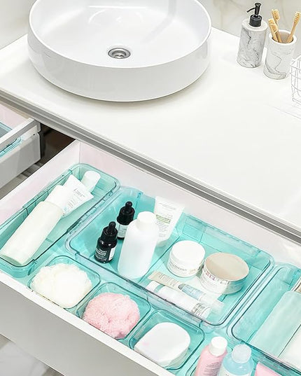 14 Pcs Adjustable Clear Drawer Organizer, Extendable Vanity Storage Bins, Desk Drawer Organizer Set for Makeup, Cosmetics, Bedroom, and Gadgets, Blue