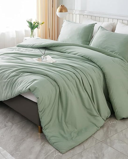 Litanika Queen Comforter Set Sage Green, 3 Pieces Lightweight Comforters Queen Size Solid Bedding Comforters Sets, Down Alternative Comforter Bed Set Quilt Blanket