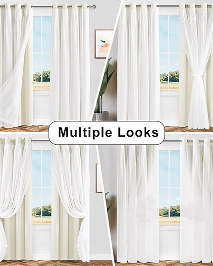 Hiasan Mix & Match Ivory Blackout Curtains with Sheer, Thermal Insulated Privacy Double Layer Grommet Window Curtains for Bedroom, Living Room, Nursery, 2 Drape Panels with Tiebacks, 52W X 96L