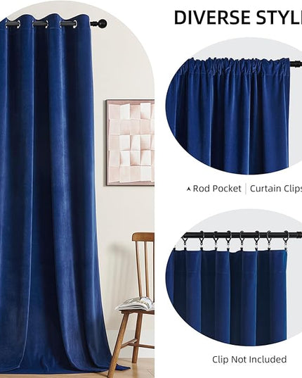 Joydeco Blue Velvet Blackout Curtains 84 Inch - 2 Panels Thermal Insulated Rod Pocket Drapes for Living Room Bedroom Dining Room Privacy