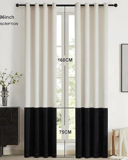 BULBUL Cream Black Color Block Window Curtains Panels 96 inches Long Velvet Farmhouse Drapes for Bedroom Living Roomm Darkening Treatment with Grommet Set of 2
