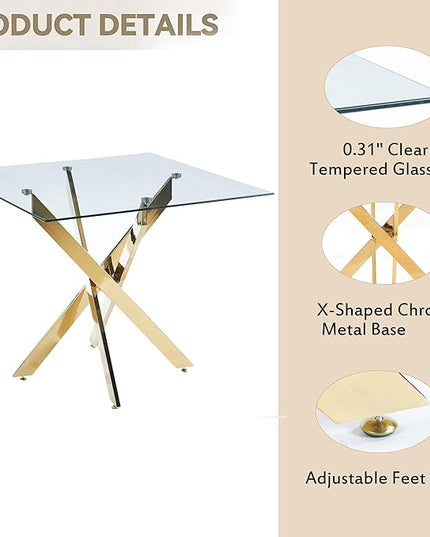 Glass Dining Table Set for 4, Square 36" Dining Table with Gold Cross Metal Leg, 4 Black Velvet Dining Chairs with Stainless Steel Legs, Modern Glass Kitchen Table and Chairs Set for Small Space