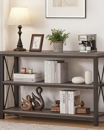BON AUGURE Rustic Sofa Table Behind Couch, Industrial Console Tables for Entryway, 3 Tier Wood Shelves Entry Table with Storage for Foyer, Hallway, Front Door (47 Inch, Dark Grey Oak)