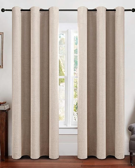 MIULEE Linen Texture Curtains Soild 100% Blackout Thermal Insulated Natural Beige Grommet Room Darkening Curtains & Drapes for Living Room Bedroom Nursery 42 x 90 (2 Panels)