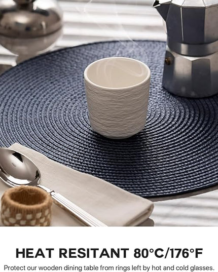 Round Placemats Set of 8 Plastic Woven Placemats Washable Wipeable Table Mats for Dining Table Heat Resistant Non-Slip Circle Place Mats (Navy Blue)