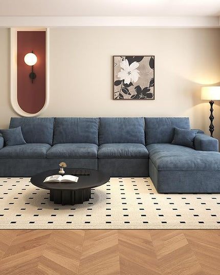 136.6'' L-Shaped Modern Modular Sectional Cloud Couch, 4-Seat Chenille Deep-Seat Sofa with Pillow for Living Room, Bedroom, Apartment, Ocean Blue