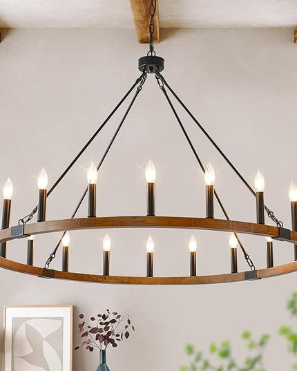 HHR 48 Inch Wood Wagon Wheel Chandelier 20-Light, Large Chandeliers for High Ceilings, Farmhouse Chandeliers for Dining Room, Foyer, Living Room, Entryway, Kitchen Island, E12
