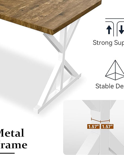 70.8 Inch Rectangular Dining Table for 6-8 People, Farmhouse Kitchen Table with Metal Base & Solid Wood Top, Easy Assembly, Water-Resistant, for Dining Room & Kitchen, Natural & White