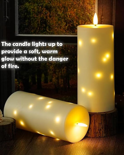 4" x 10" Large Outdoor Waterproof Flickering Flameless Candles with Timer,2Pcs Battery Operated LED Pillar Candles with Embedded Star String for Outdoor Lanterns,Porch,Patio Decor(Ivory)