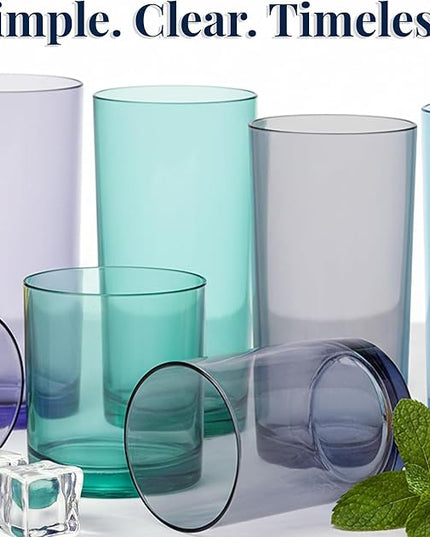 US Acrylic Classic Plastic Reusable Drinking Glasses (Set of 8) 12oz Rocks & 16oz Water Cups in Coastal Colors | BPA-Free Tumblers, Made in USA | Top-Rack Dishwasher Safe