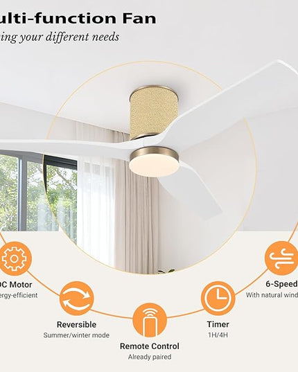 52" Ceiling Fan with Light - Low Profile Flush Mount Ceiling Fan, 6-Speed Remote Control, Solid Wood, Quiet Reversible DC Motor, Boho Style, for Bedroom, Living Room, Porch White/Gold