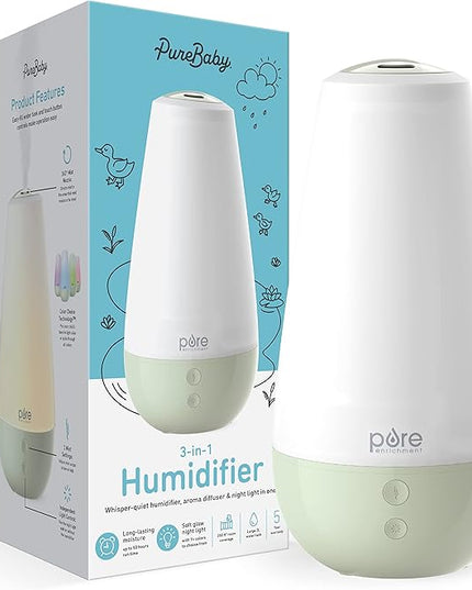 Pure Enrichment® PureBaby® 3-in-1 Whisper-Quiet Humidifier, Color Changing Night Light, & Essential Oil Diffuser for Baby Nursery & Kids Bedroom to Relieve Congestion, Colds, & Coughs (Whisper Green)
