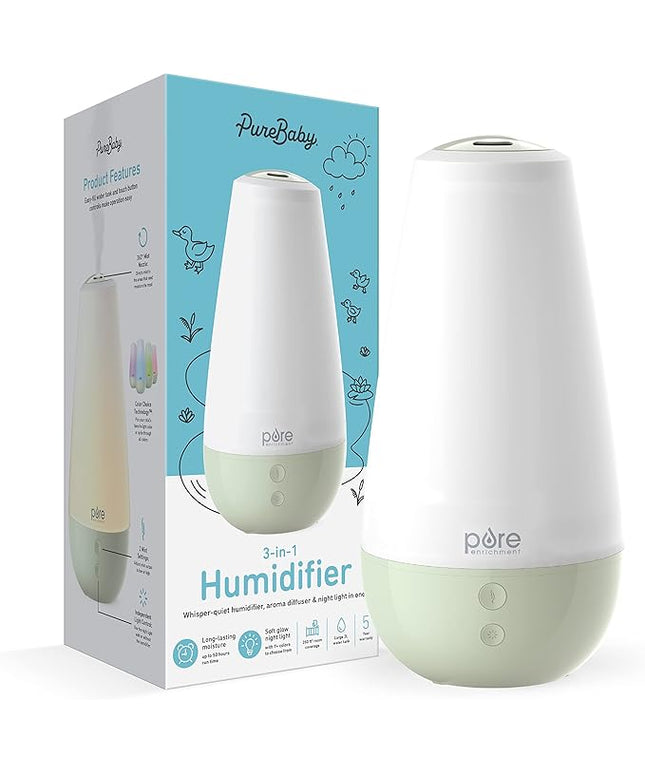 Pure Enrichment® PureBaby® 3-in-1 Whisper-Quiet Humidifier, Color Changing Night Light, & Essential Oil Diffuser for Baby Nursery & Kids Bedroom to Relieve Congestion, Colds, & Coughs (Whisper Green)