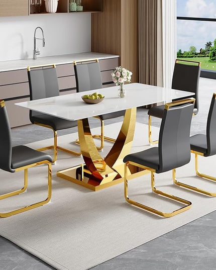 63” Dining Room Table Set for 6,Modern Gold Dining Table Set for 6 with Leather Chairs, White Faux Marble Dinner Table Set with Tempered Glass Top and Golden Base