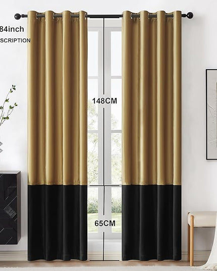 BULBUL Color Block Window Curtains Panels 84 inches Long Gold Black Velvet Farmhouse Drapes for Bedroom Living Room Darkening Treatment with Grommet Set of 2