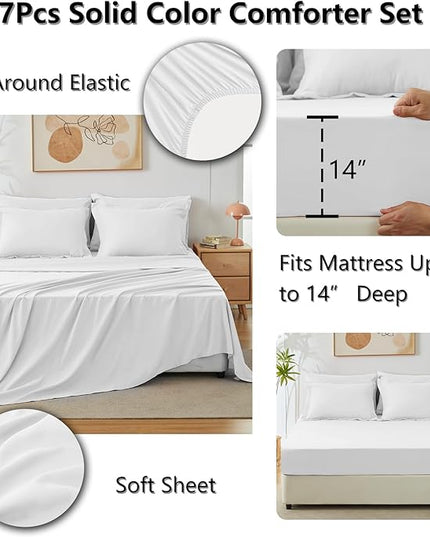 CozyLux King Comforter Set White, 7 Pieces Bed in a Bag Soft Bedding Comforter Set with Sheets, All Season Boho 7PC Bed Sets with Comforter, Fitted Sheets, Flat Sheets, Pillow Shams and Pillowcases