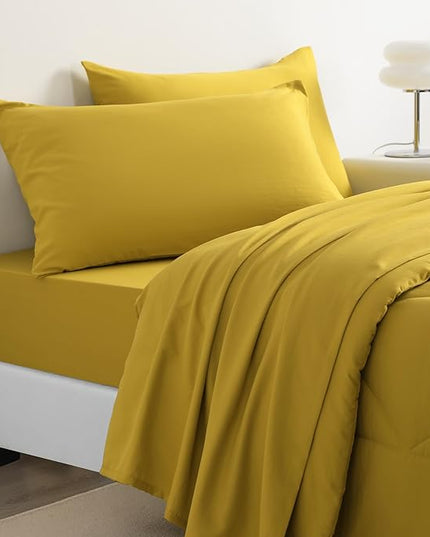 NTBAY Twin Comforter Set with Sheets, 5 Pieces Soft and Breathable Twin Bedding Set, Twin Bed in a Bag, Down Alternative Comforter Set Solid Color All Season, Kids Bedding Set, Yellow