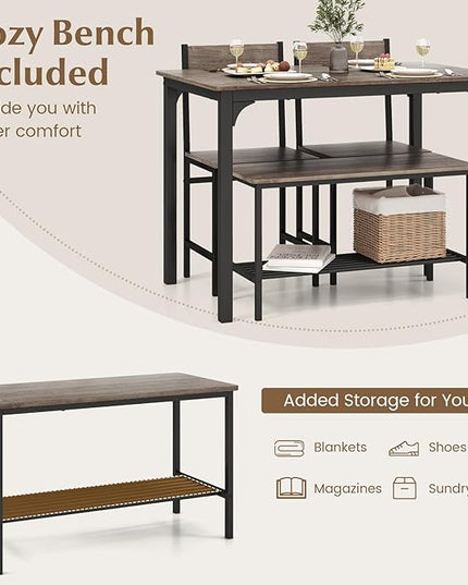 COSTWAY Dining Table Set for 4, Rectangular Kitchen Table Set with Bench and 2 Chairs, Storage Rack & Metal Frame, 4-Piece Dining Room Table and Chairs Set for Small Space, Apartment (Grey)