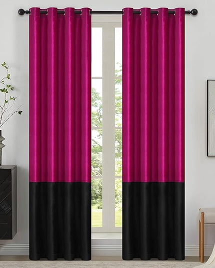 BULBUL Color Block Window Curtains Panels 90 inches Long Hot Pink Black Velvet Farmhouse Drapes for Bedroom Living Room Darkening Treatment with Grommet Set of 2
