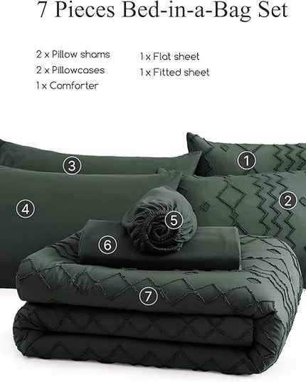 Queen Comforter Set Dark Green, Tufted Boho Bedding Farmhouse Bed Set, All Season 7 Pieces Bed in a Bag with Sheets, Pillowcases & Shams