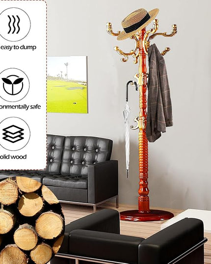 Coat Racks Free Standing with 14 Hooks, Natural Wood Coat Stands for Entryway, Adjustable Height 73 in Tree Coat Rack Stand for Hallway Home Office Bedroom (Begonia)