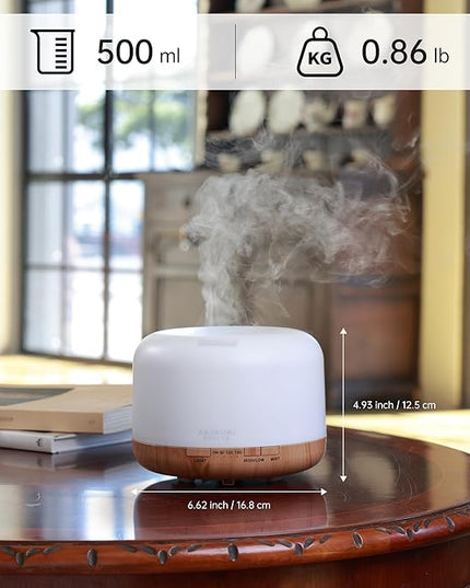 ASAKUKI Essential Oil Diffuser 500ml, Ultrasonic Aromatherapy Humidifier with Remote Control, 7 LED Colors, Timer & Auto-Off, Large Room Diffuser