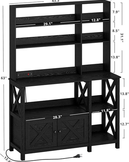 IRONCK Bakers Rack with Power Outlet, 45in Wide Coffee Bar Cabinet with Storage, 6-Tier Kitchen Storage with Doors, Microwave Stand for Kitchen, Dining Room