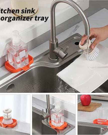 Silicone Bathroom Soap Dishes with Drain Spout-Bathroom and Kitchen Sink Organizer,Sponge Holder,Dish Soap Tray,Perfect for Dispenser,Scrubber,Bottle,Cup on Sink or Counter-Orange 4.9"×3.2"