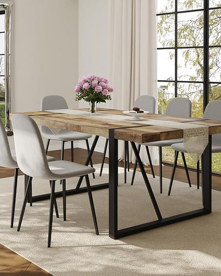 FURNITO Wood Dining Table Set for 6, 71" Large Rectangular Kitchen & Dining Room Table with 6 Fabric Linen Chairs, Modern Farmhouse Dining Set for Home, Living Room, Office, or Conference Room