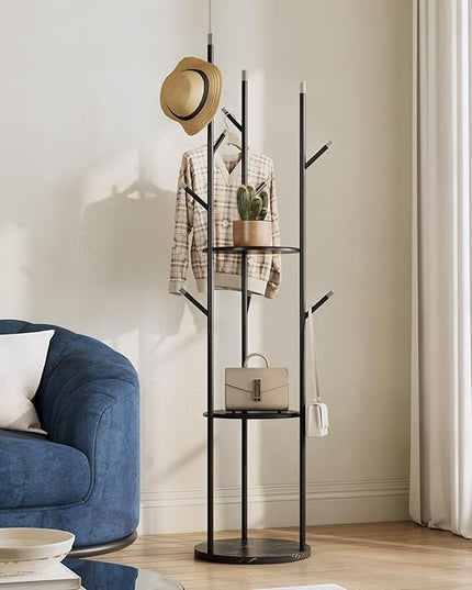 metal Coat Rack whit Marble base,heavy duty coat hanger Stand, Freestanding Coat Racks with 3 Shelves and 9 Hooks,Coat Tree for Entryway, Bedroom, Coats, Bags,purse