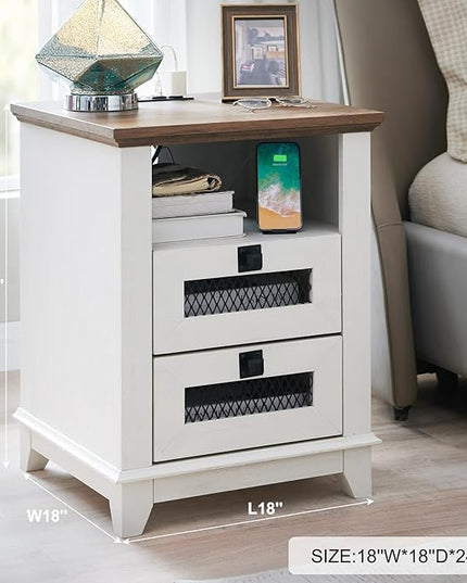 Nightstand with Charging Station,OKD 18'' Industrial & Farmhouse Square End Table w/ 2 Drawers & Open Cubby, Rustic Mesh Drawer Sofa Side Table w/Storage for Bedroom, Living Room Office, Antique White