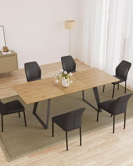 ZckyCine 63"-79" Expandable 6 Person Dining Table Set - Modern Oak Color Table with 6 Black Chairs, Dining Room Dining Table Set for Kitchen and Dining Room