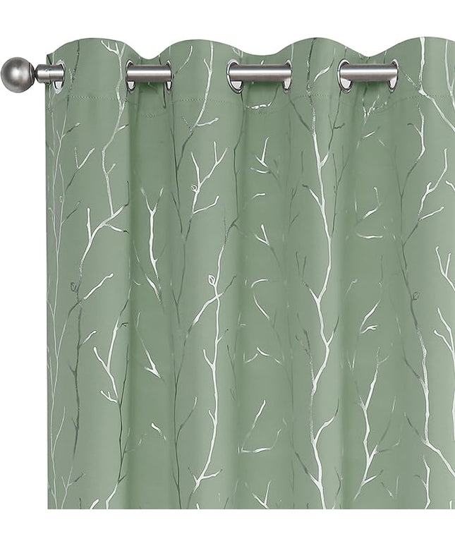 BUHUA Black Out Curtains 63 Inch Long 2 Panels, Soundproof Curtains with Elegant Silver Tree Branches Print, Heat Blocking Curtains for Livingroom, 52W x 63L, Sage Green