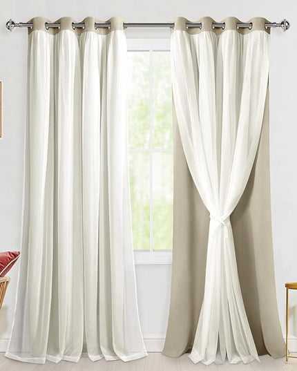 Hiasan Blackout Curtains with White Sheer Overlay, Double Layer Mix & Match Thermal Insulated Room Darkening Curtains for Girls Bedroom, Living Room, 2 Window Panels with Tiebacks, Taupe, 52W X 96L