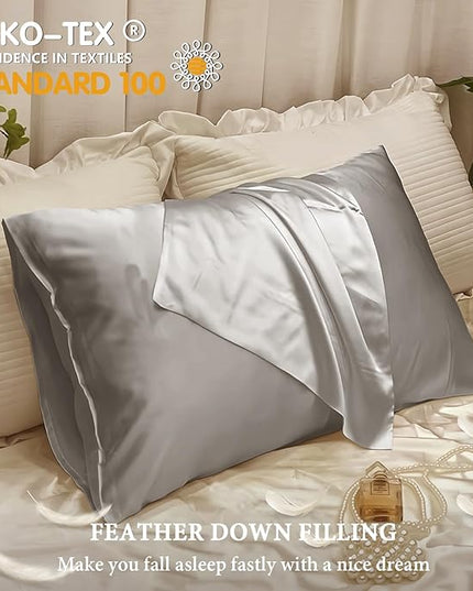 BHZ Grey Satin Goose Down Feather Pillows King Size with Satin Pillowcase for Hair and Skin, Cooling Pillow Cases Similar to Silk Pillow Cases, Decorative for Women, Mom Men