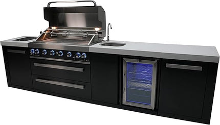 Mont Alpi MAi805-BSSBEV 6-Burner 115000 BTU Black Stainless Steel Island Outdoor Kitchen Gas Barbecue Grill with Beverage Center - Granite Countertops + Storage Drawers and Cabinets + Faucet & Sink