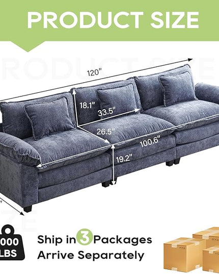 120" Modular Sectional Sofa, Comfy Cloud Couch Sectional, Chenille Sofa Sleeper Deep Seat Sofa with Throw Pillows for Living Room (Blue, 120"- 3 Seater)