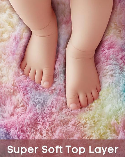 Ophanie Round Rugs 4Ft Rainbow Circle Area Rug, Colorful Unicorn Bedroom Dorm Decor for Teen Girls, Cute Fluffy Fuzzy Plush Soft Shaggy Living Room Carpet for Kids Baby Home Aesthetic Nursery Playroom