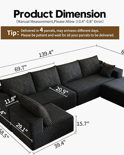 139.4" Modular Sectional Sofa, U-Shaped Minimalist Couches with Ottoman and Middle Seat, Modern Deep Seat Convertible Sleeper Sofa Bed, Reversible Chaise, Cloud Plush Corduroy Fabric,6 Seater, Black