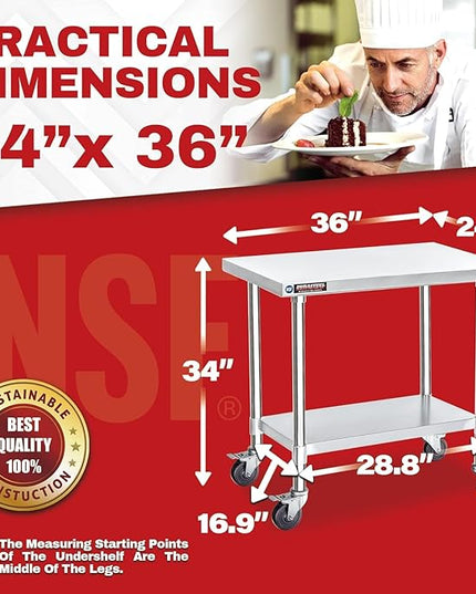 DuraSteel 24x36 NSF Stainless Steel Cart - Heavy Duty Rolling Food Prep Table with Undershelf - Metal Utility Cart for Commercial Restaurant Kitchen, Laundry, Outdoor Portable BBQ Grill