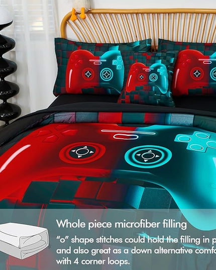 PERFEMET Boys Bedding Set Full 6 Pieces Red and Teal Video Game Kids Bed in A Bag 3D Cool Soft Lightweight Girls Teens Gamer Bed Set with Sheets(Red Teal, Full)