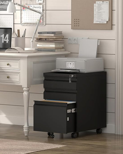 Filing Cabinet,Under Desk File Cabinet with Wheels,Mobile Metal Filing Cabinets for Home Office,Letter/Legal/A4 Size,Black