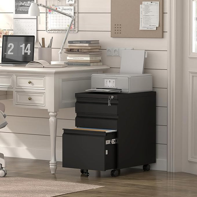 Filing Cabinet,Under Desk File Cabinet with Wheels,Mobile Metal Filing Cabinets for Home Office,Letter/Legal/A4 Size,Black