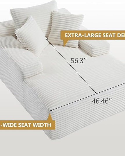 67" Boneless Chaise Lounge Chair,Indoor Corduroy Oversized Sleeper Sofa w/9.9'' Wide Armrest & 3 Soft Pillows, Convertible Boneless Sofa Bed - 2-in-1 Chair & Ottoman for Reading, Living Room,White
