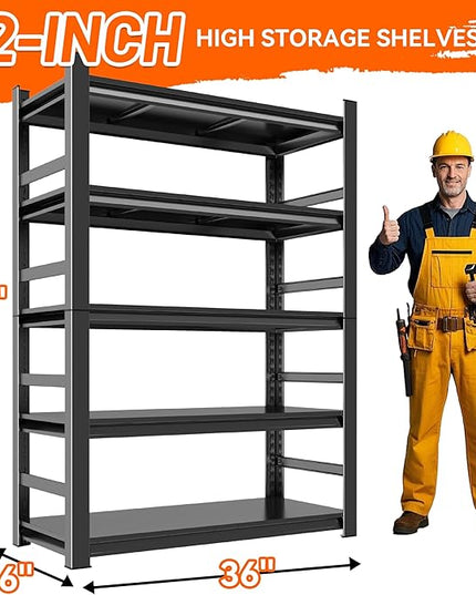 Adjustable 5-Tier Garage Shelving, Heavy Duty Steel Storage Shelves, High Load Capacity Shelf, Ideal for Garage, Warehouse, or Home Organization (with Fences, 36" W*16" D*72" H)