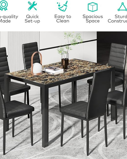 Gizoon Glass Dining Table Sets for 6, 7 Piece Kitchen Table and Chairs Set for 6 Person, PU Leather Modern Dining Room Sets for Home, Kitchen, Living Room
